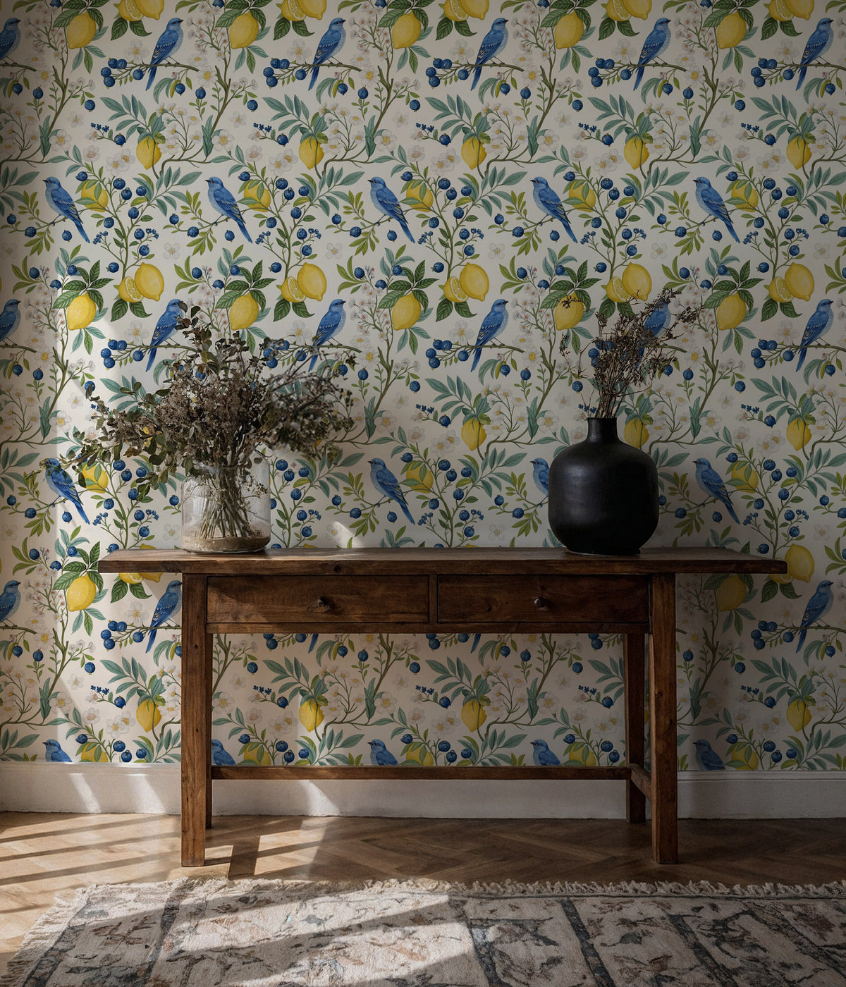 Lemon Botanical Wallpaper : Blueberries and Bird Pattern Mural - View 5