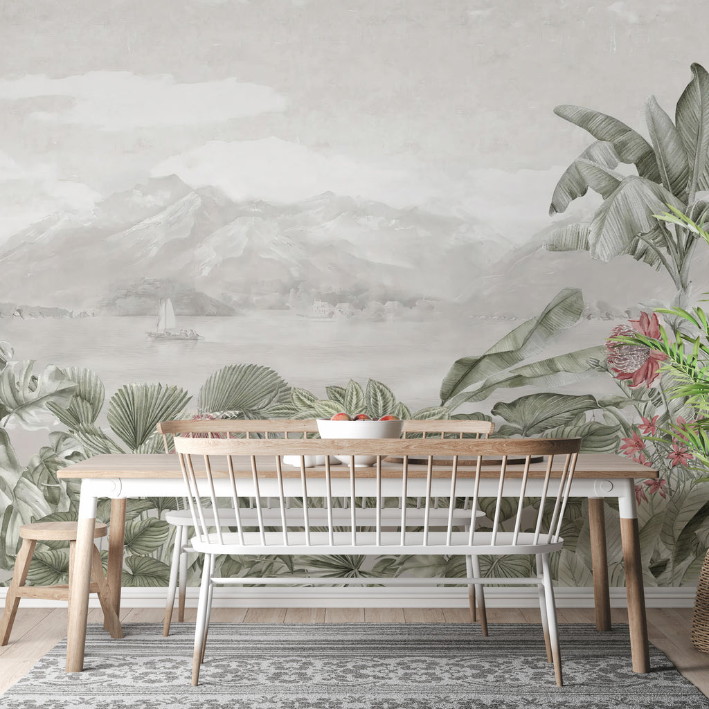 Misty Lake Tropical Wallpaper : Sage Foliage and Sailboat Mural - View 3