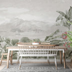 Misty Lake Tropical Wallpaper : Sage Foliage and Sailboat Mural - View 3