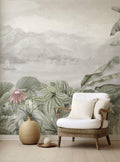 Misty Lake Tropical Wallpaper : Sage Foliage and Sailboat Mural