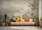 Misty Lake Tropical Wallpaper : Sage Foliage and Sailboat Mural - View 5