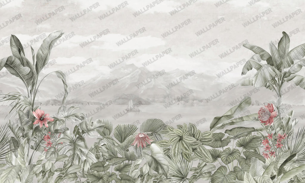 Misty Lake Tropical Wallpaper : Sage Foliage and Sailboat Mural - View 2
