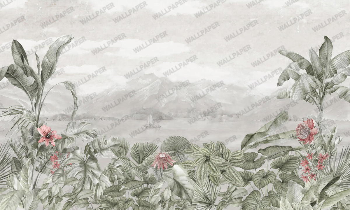 Misty Lake Tropical Wallpaper : Sage Foliage and Sailboat Mural - View 2