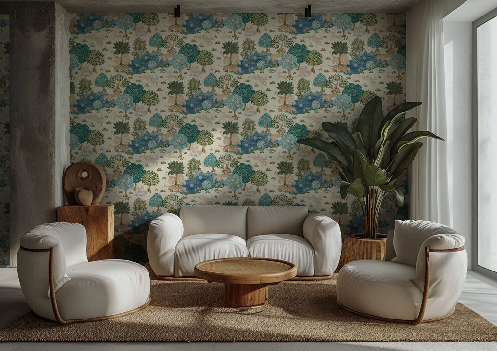 Whimsical Tree Wallpaper : Blue and Green Woodland Pattern Mural - View 2