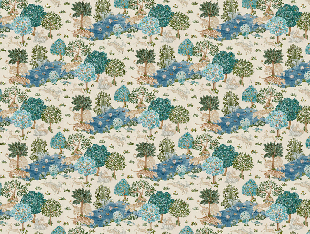Whimsical Tree Wallpaper : Blue and Green Woodland Pattern Mural - flat design