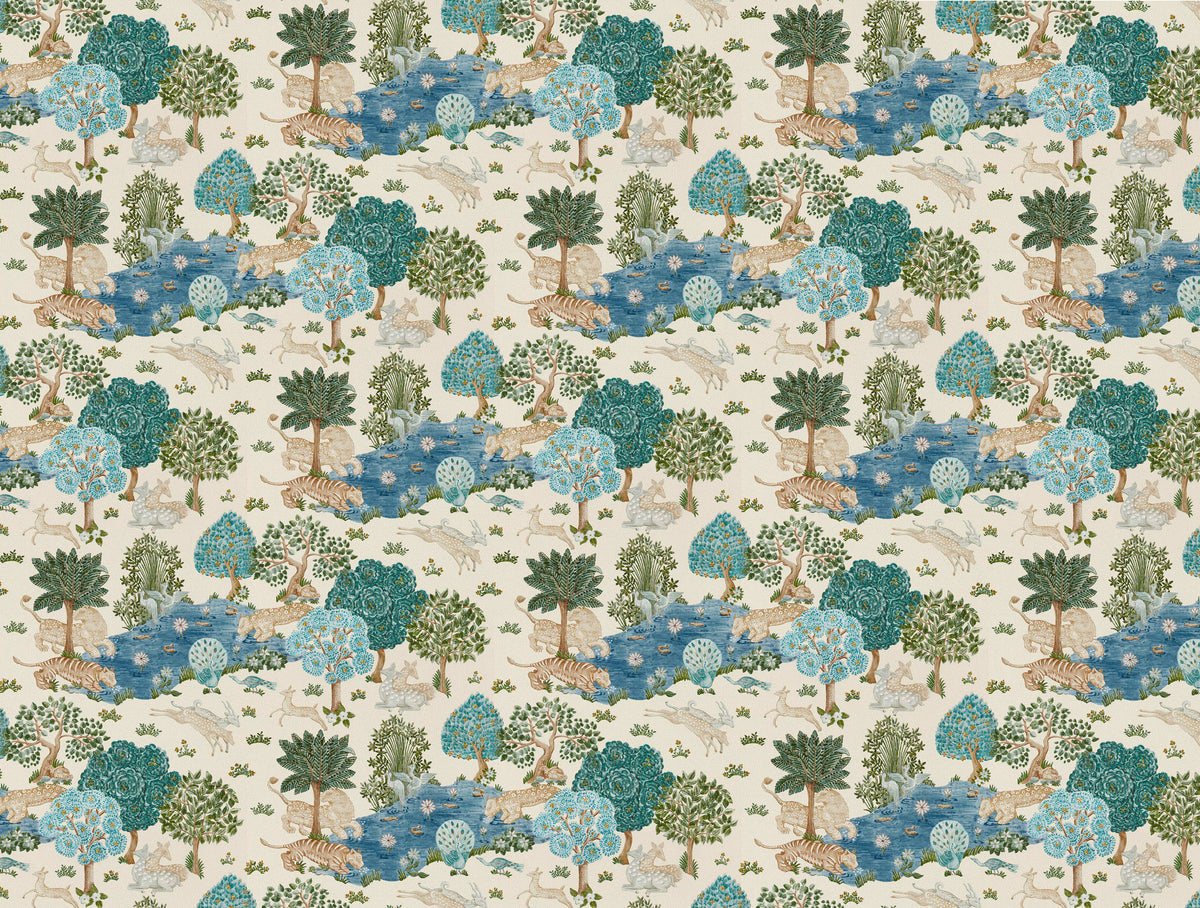 Whimsical Tree Wallpaper : Blue and Green Woodland Pattern Mural - flat design