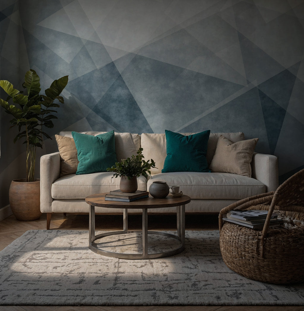 Blue Geometric Wallpaper : Abstract Concrete Triangles Mural - View 3