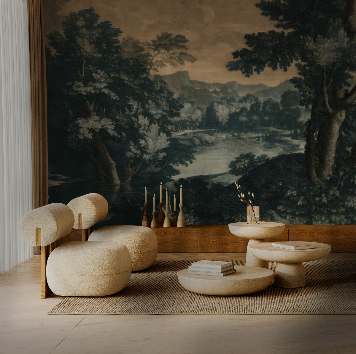 Dark Forest Lake Wallpaper : Vintage Landscape Painting Mural - View 2