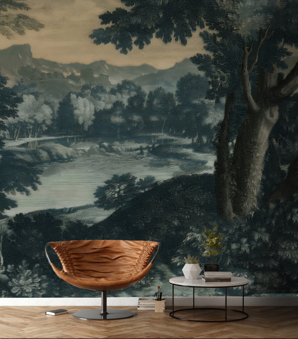 Dark Forest Lake Wallpaper : Vintage Landscape Painting Mural