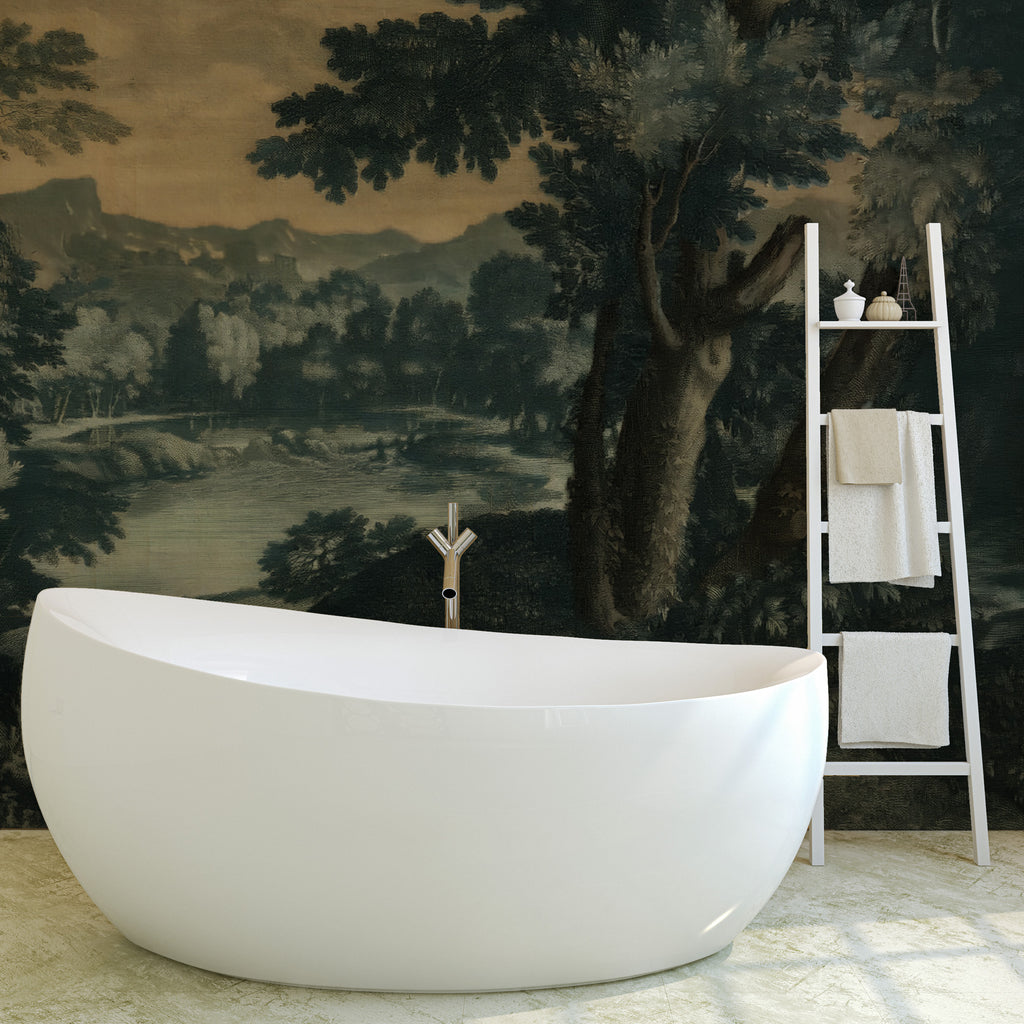 Dark Forest Lake Wallpaper : Vintage Landscape Painting Mural - View 3