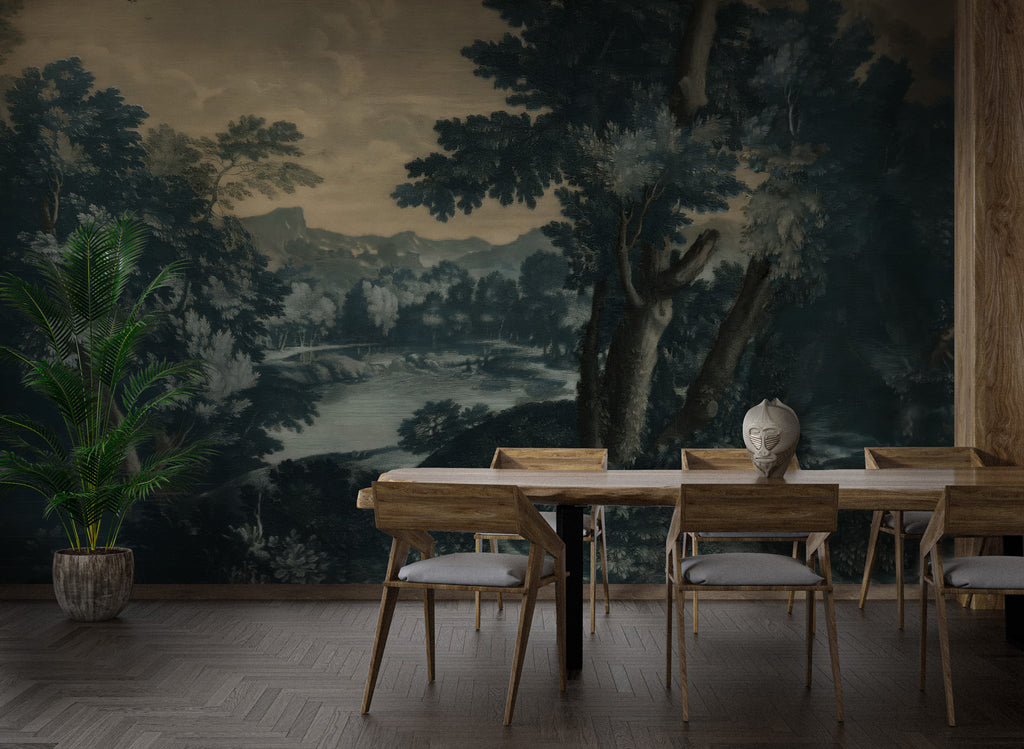 Dark Forest Lake Wallpaper : Vintage Landscape Painting Mural - View 4