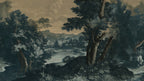Dark Forest Lake Wallpaper : Vintage Landscape Painting Mural - flat design