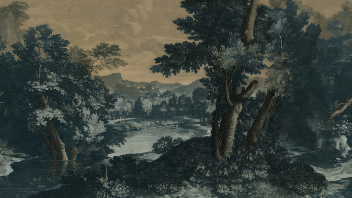 Dark Forest Lake Wallpaper : Vintage Landscape Painting Mural - flat design