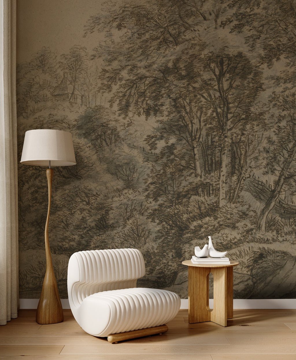 Vintage Sketch Landscape Wallpaper : Sepia Woodland Drawing Mural