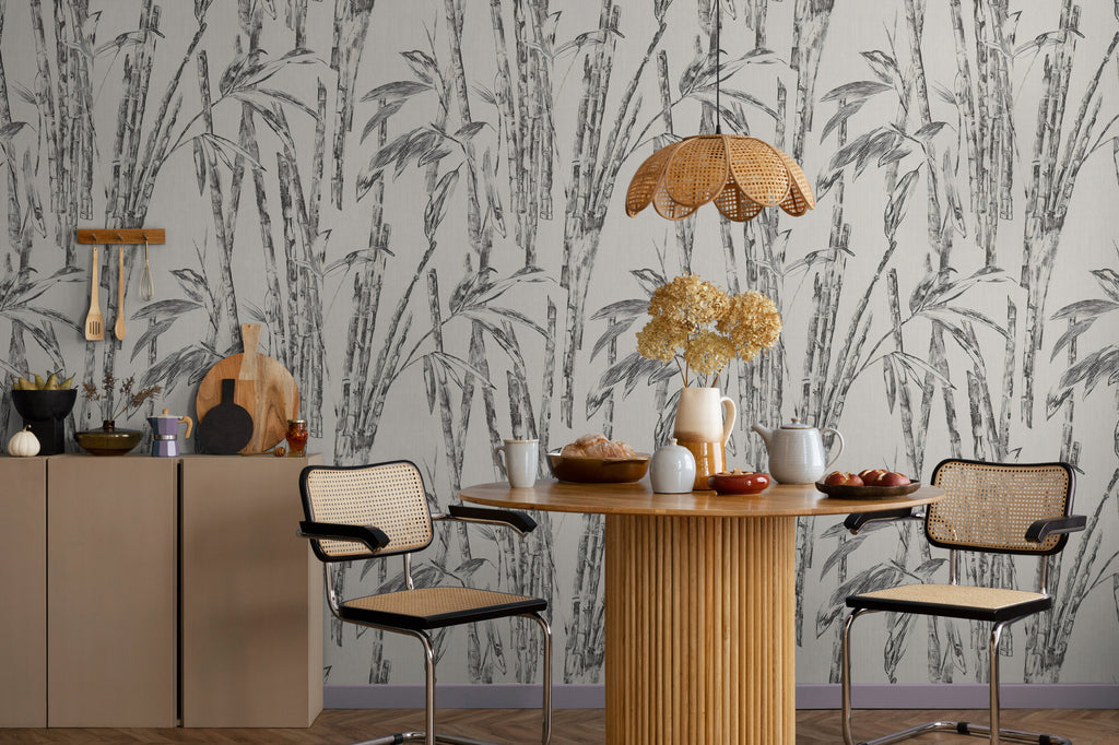 Black and White Bamboo Wallpaper : Sketch Bamboo Pattern Mural - View 3