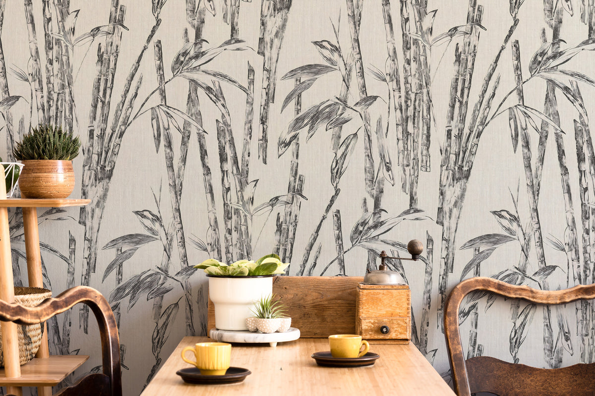 Black and White Bamboo Wallpaper : Sketch Bamboo Pattern Mural - View 2