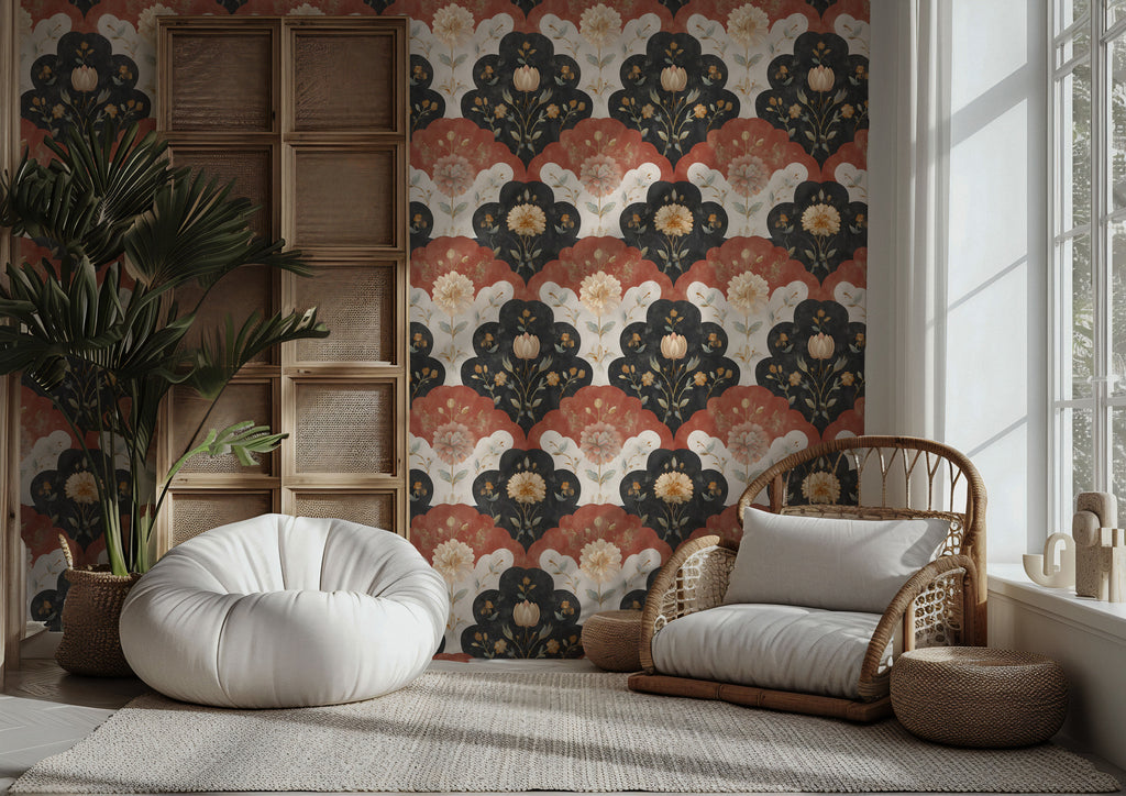 Vintage Scallop Floral Wallpaper : Rust and Navy Folk Wall Mural - View 5