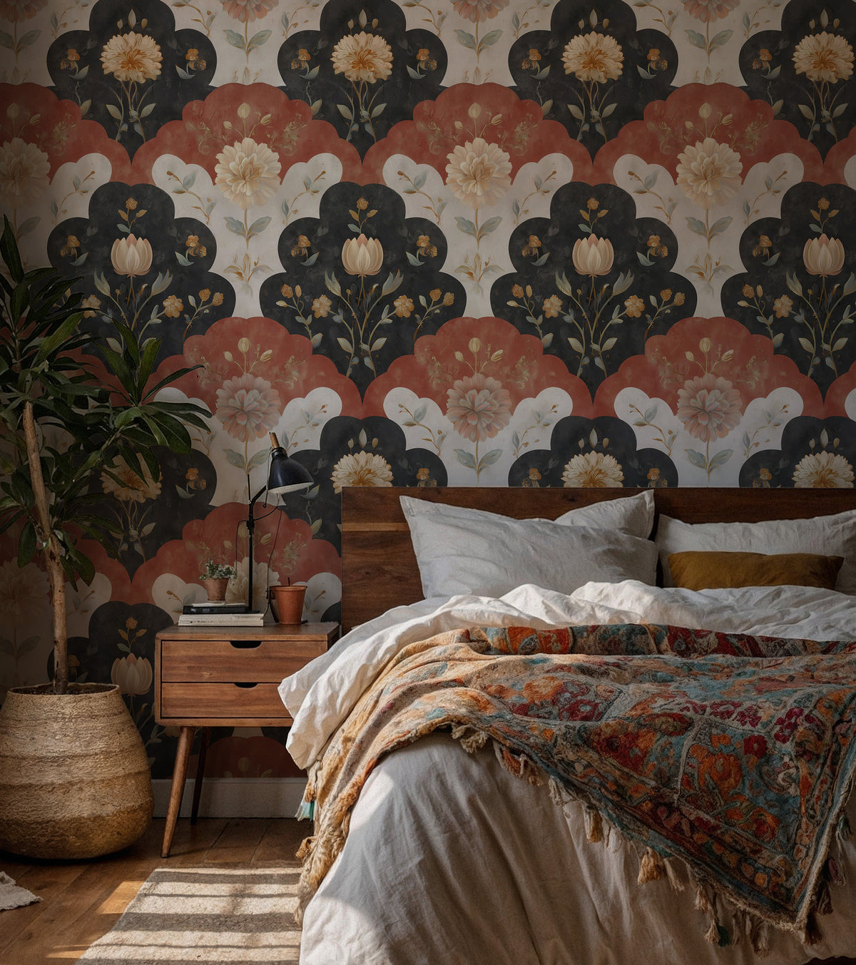 Vintage Scallop Floral Wallpaper : Rust and Navy Folk Wall Mural