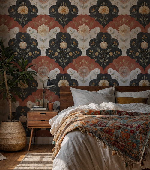 Vintage Scallop Floral Wallpaper : Rust and Navy Folk Wall Mural