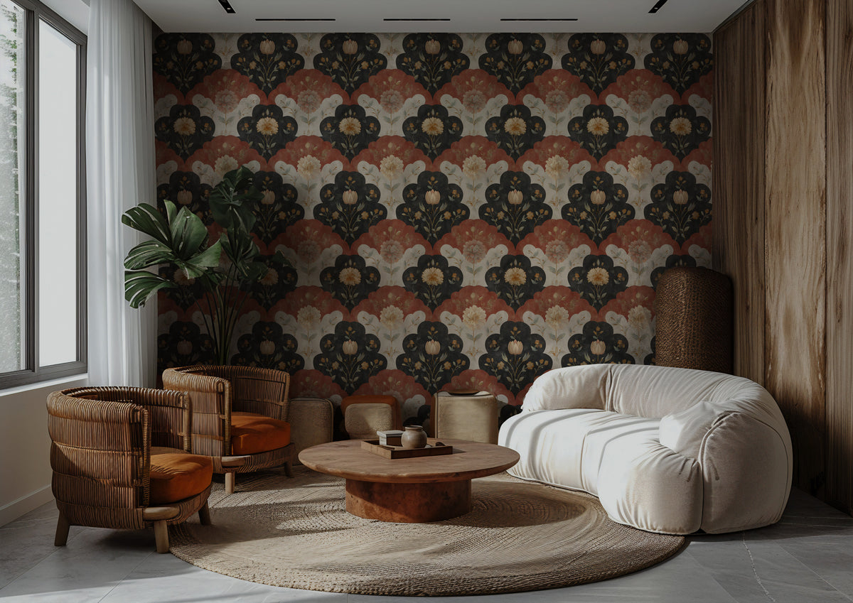 Vintage Scallop Floral Wallpaper : Rust and Navy Folk Wall Mural - View 4