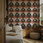 Vintage Scallop Floral Wallpaper : Rust and Navy Folk Wall Mural - View 3