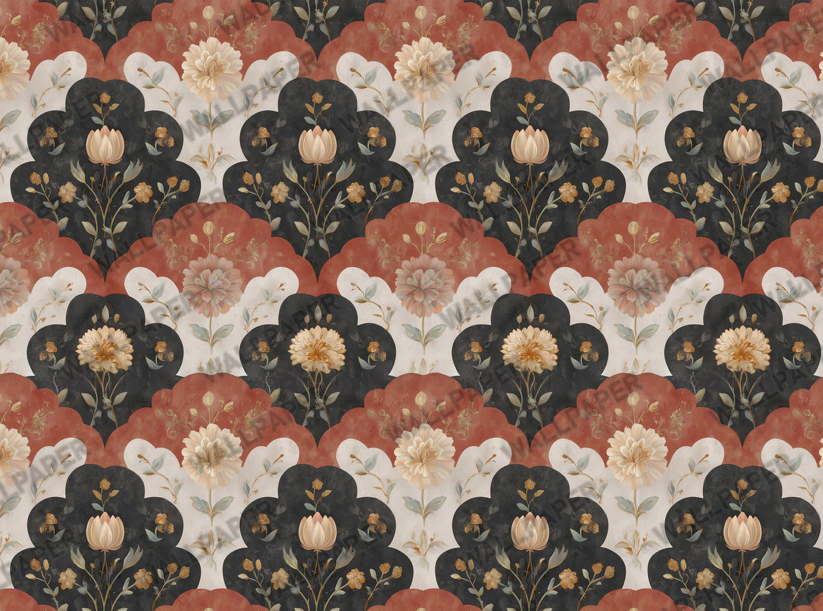 Vintage Scallop Floral Wallpaper : Rust and Navy Folk Wall Mural - View 2