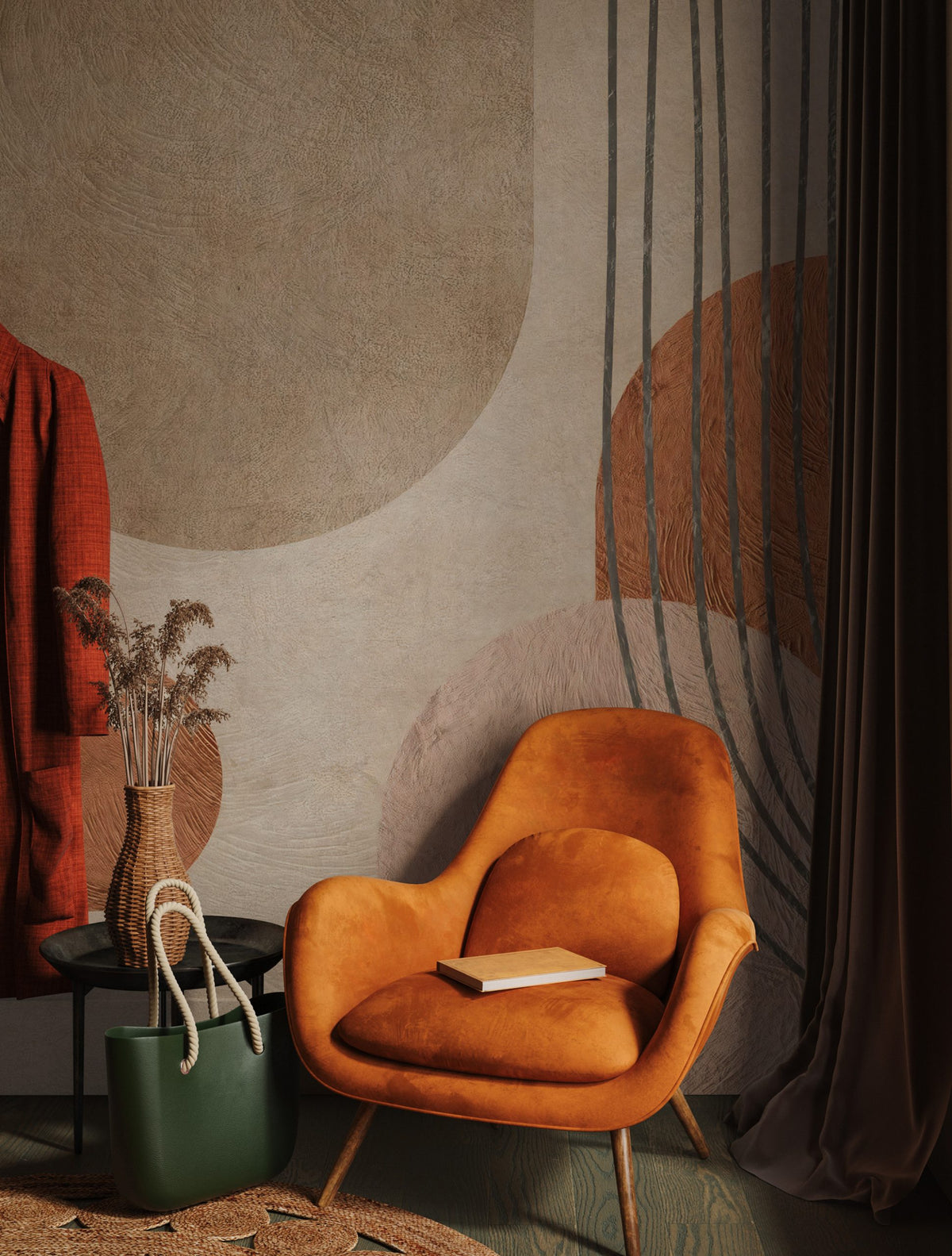 Mid Century Arch Wallpaper : Terracotta Abstract Shapes Wall Mural - View 5
