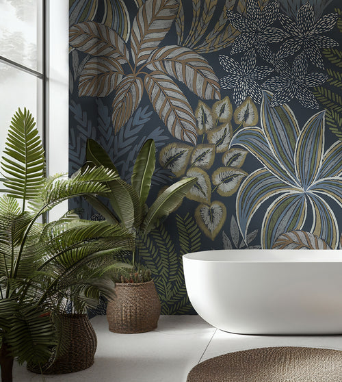 Blue Tropical Leaf Wallpaper : Navy Palm and Fern Foliage Mural