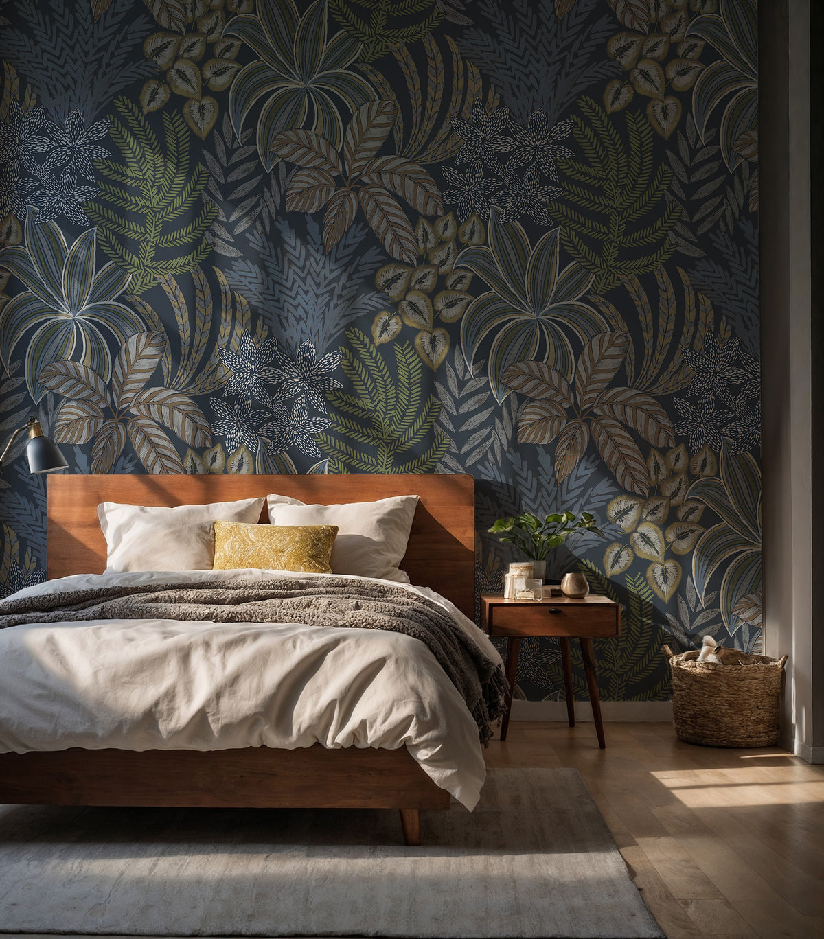 Blue Tropical Leaf Wallpaper : Navy Palm and Fern Foliage Mural - View 3