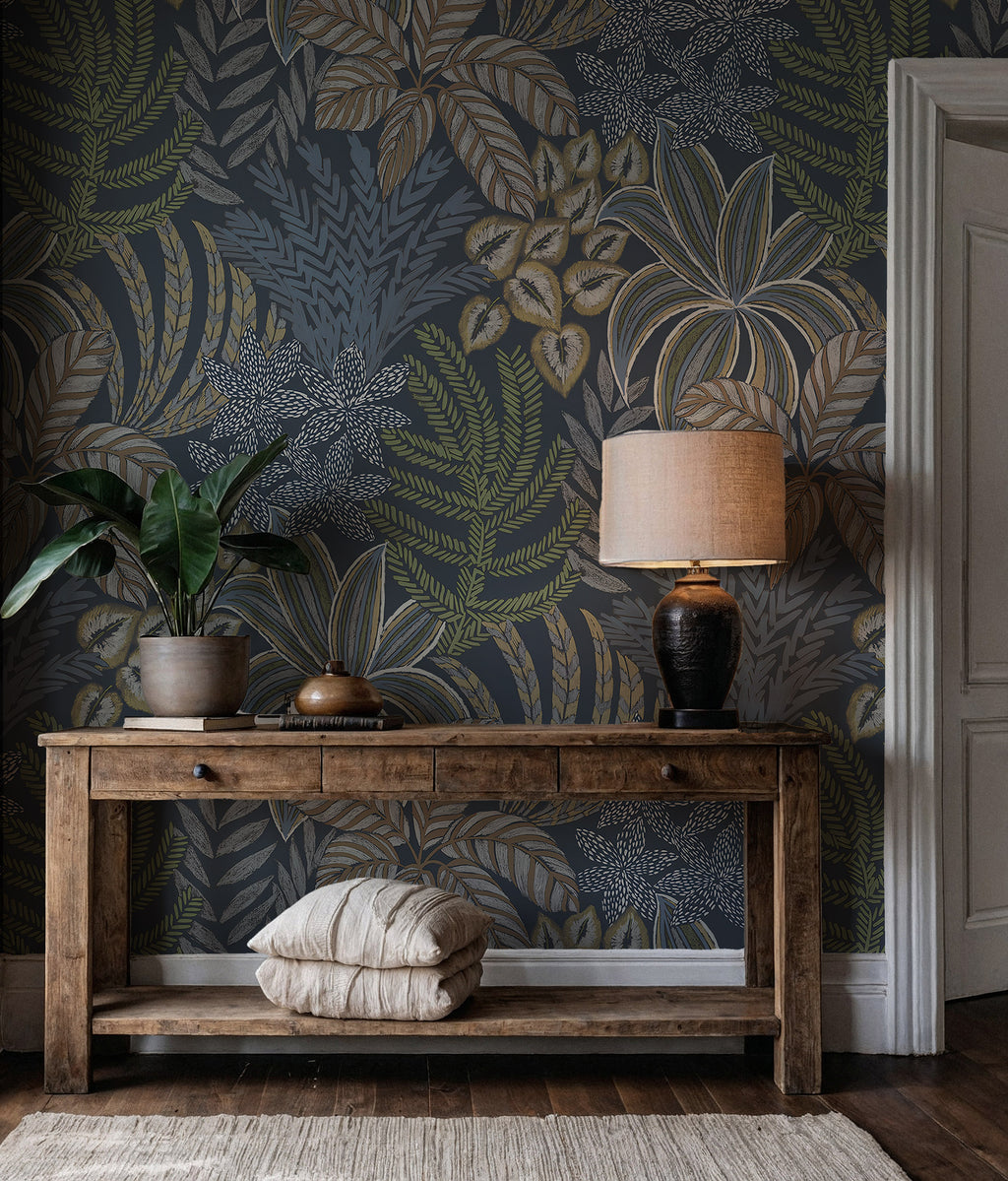 Blue Tropical Leaf Wallpaper : Navy Palm and Fern Foliage Mural - View 4