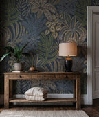 Blue Tropical Leaf Wallpaper : Navy Palm and Fern Foliage Mural - View 4