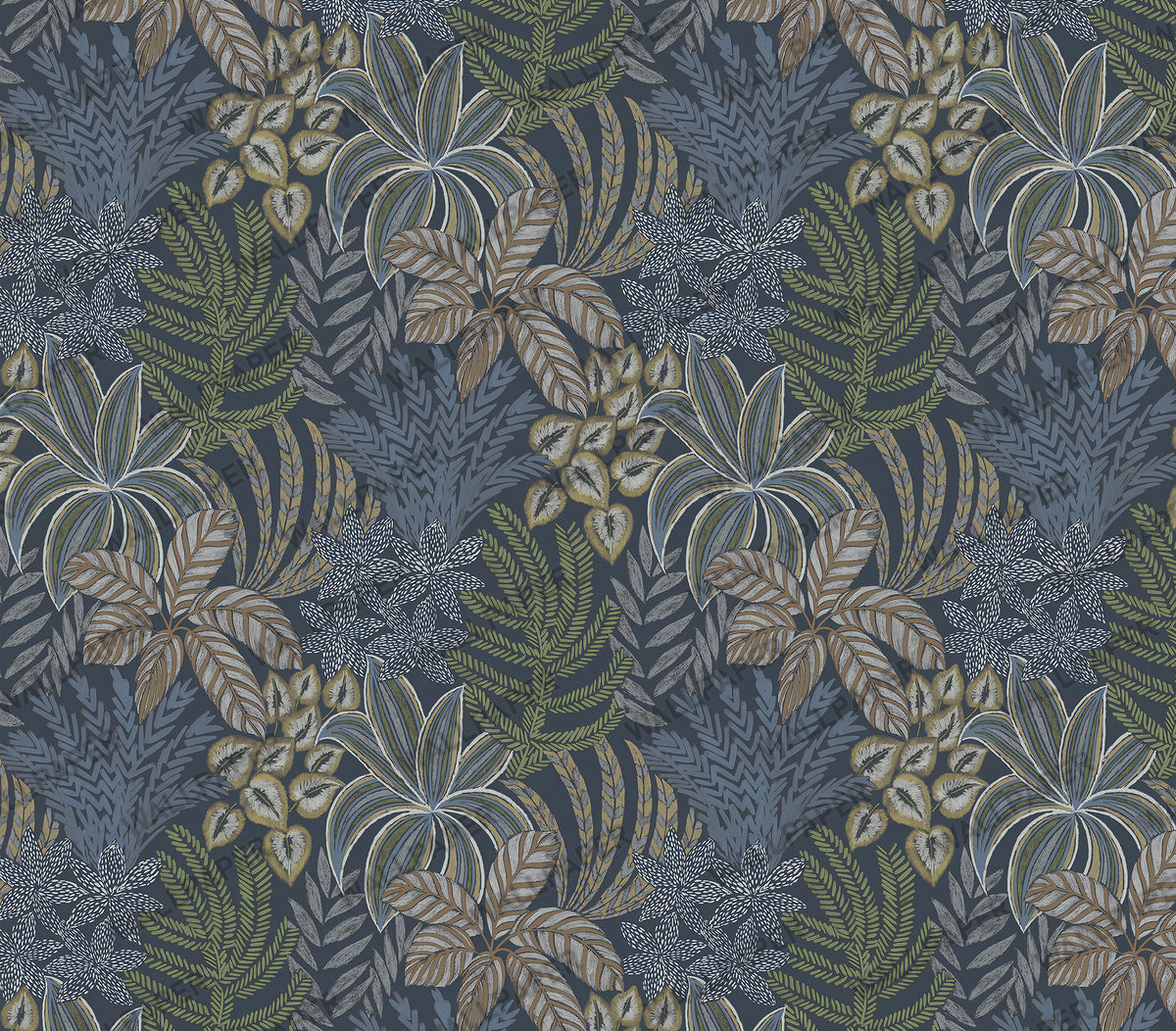 Blue Tropical Leaf Wallpaper : Navy Palm and Fern Foliage Mural - View 2