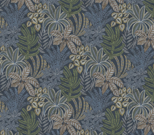 Blue Tropical Leaf Wallpaper : Navy Palm and Fern Foliage Mural - View 2
