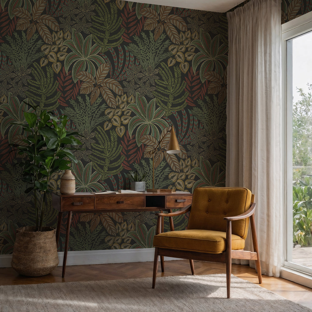 Green Tropical Leaf Wallpaper : Dark Forest Foliage and Bird Mural