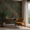 Green Tropical Leaf Wallpaper : Dark Forest Foliage and Bird Mural