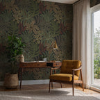 Green Tropical Leaf Wallpaper : Dark Forest Foliage and Bird Mural