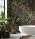 Green Tropical Leaf Wallpaper : Dark Forest Foliage and Bird Mural - View 3