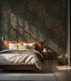 Green Tropical Leaf Wallpaper : Dark Forest Foliage and Bird Mural - View 4