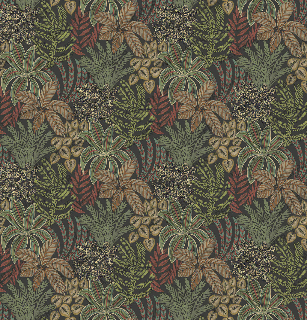 Green Tropical Leaf Wallpaper : Dark Forest Foliage and Bird Mural - View 2