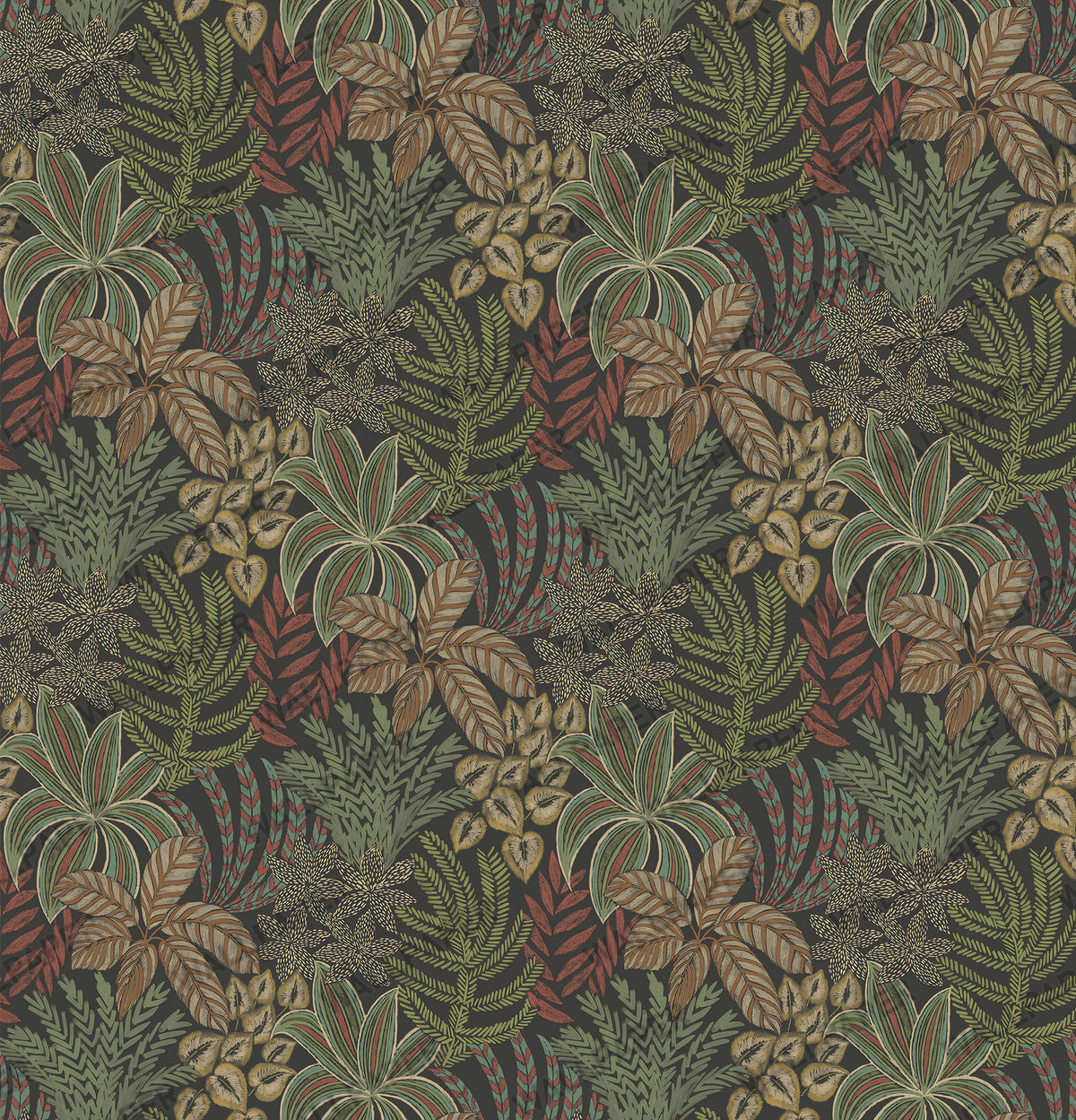 Green Tropical Leaf Wallpaper : Dark Forest Foliage and Bird Mural - View 2