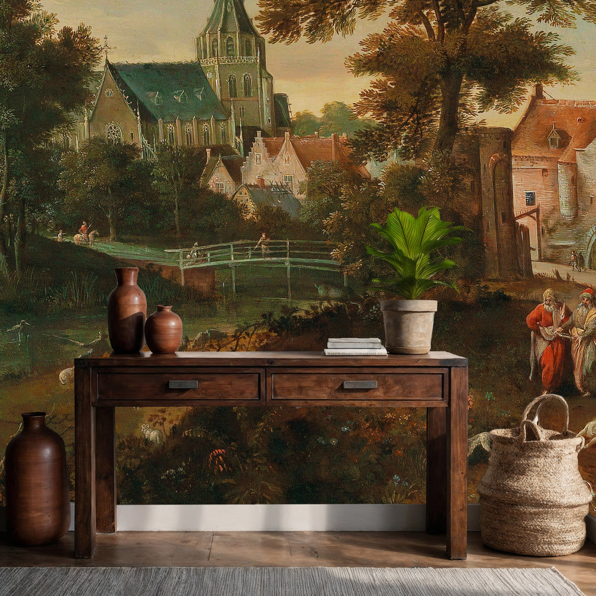 Antique Painting Wallpaper : Old Master Lake and Forest Landscape Mural - View 3
