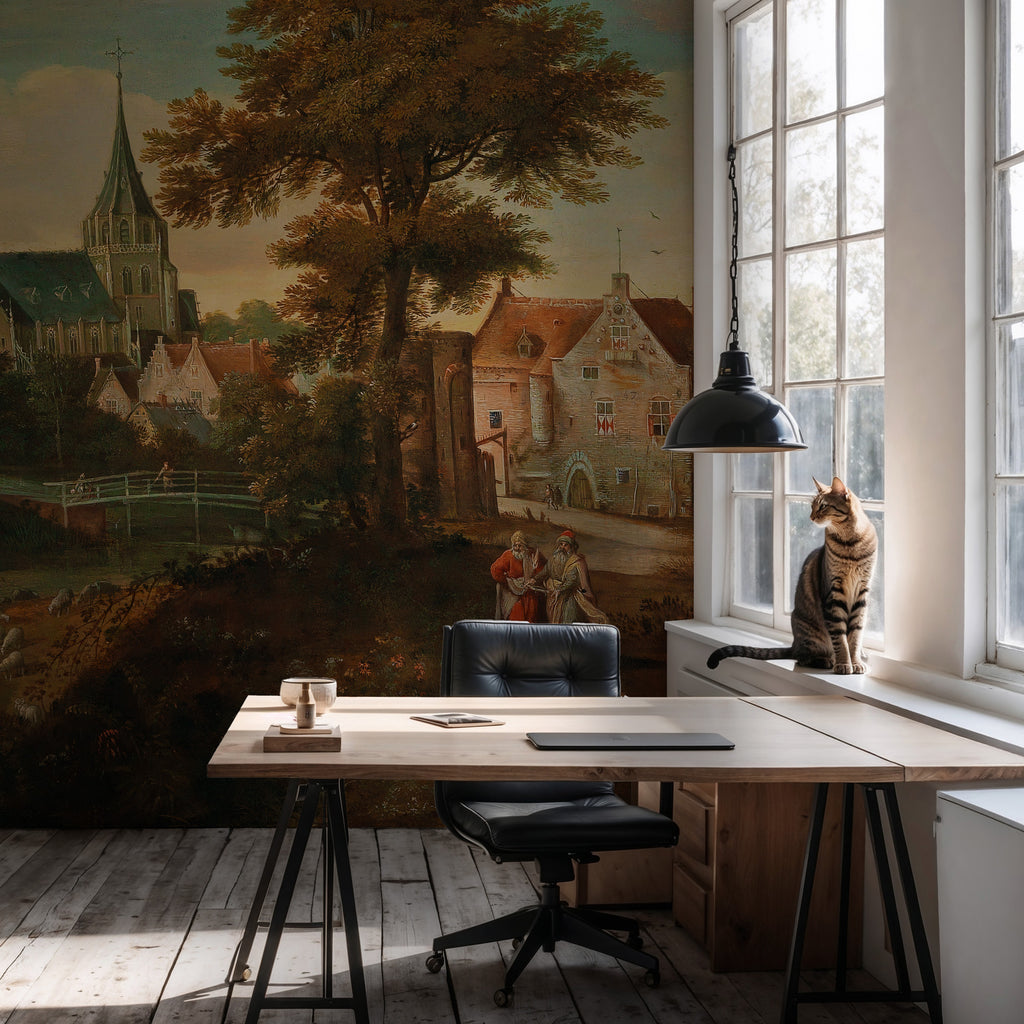 Antique Painting Wallpaper : Old Master Lake and Forest Landscape Mural - View 4