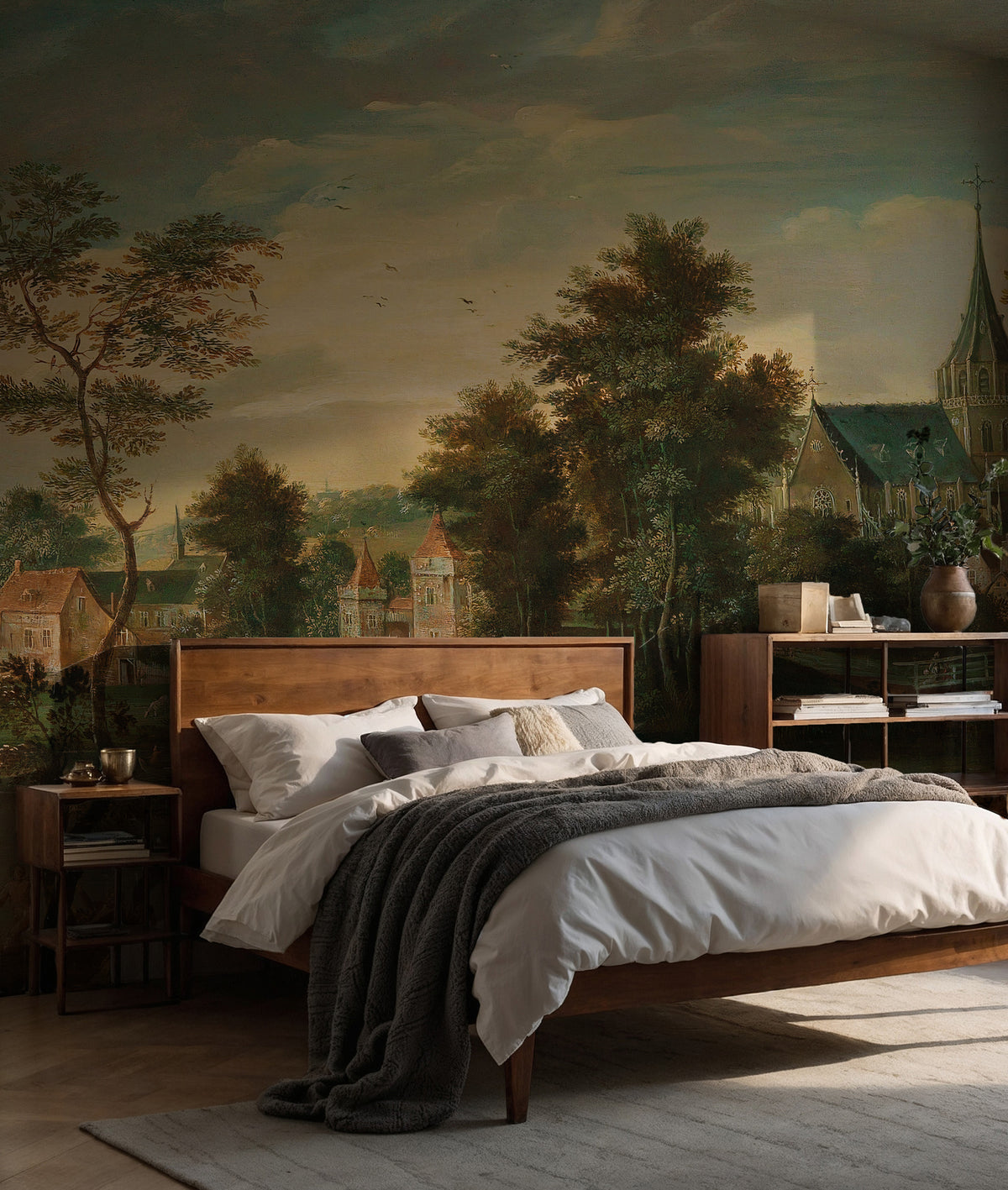 Antique Painting Wallpaper : Old Master Lake and Forest Landscape Mural - View 5