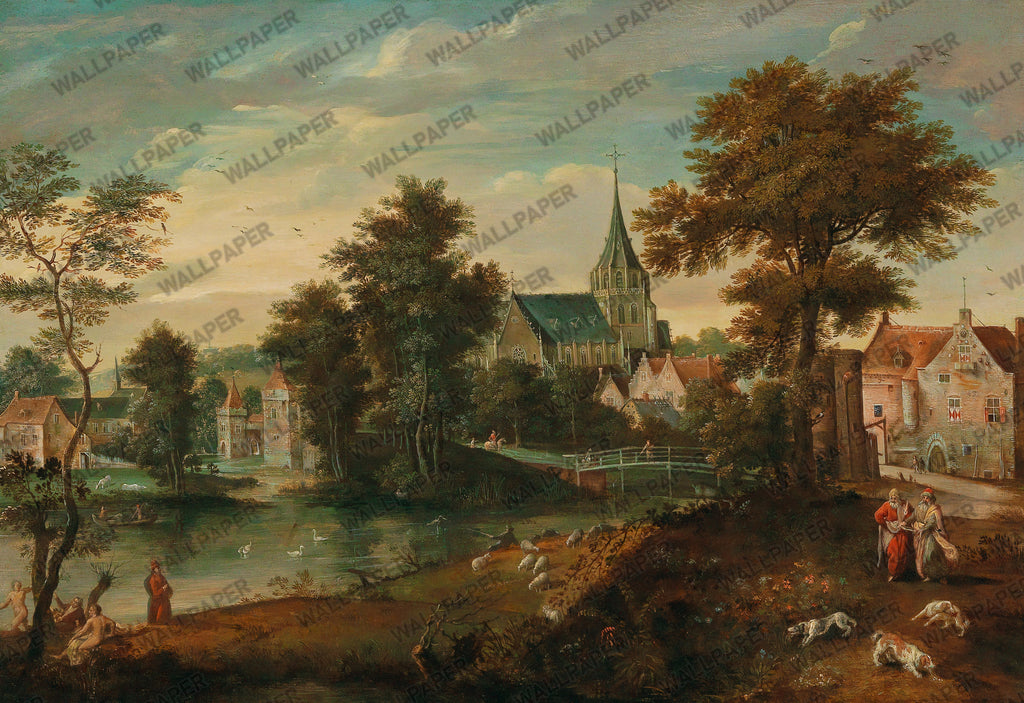 Antique Painting Wallpaper : Old Master Lake and Forest Landscape Mural - View 2