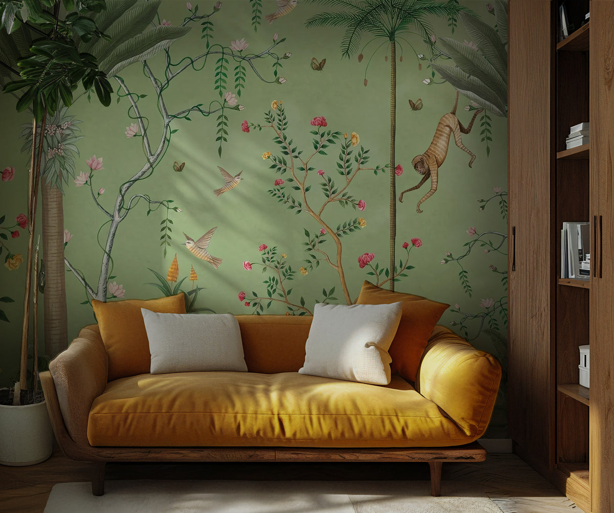 Green Exotic Garden Wallpaper : Chinoiserie Monkey and Bird Mural - View 5