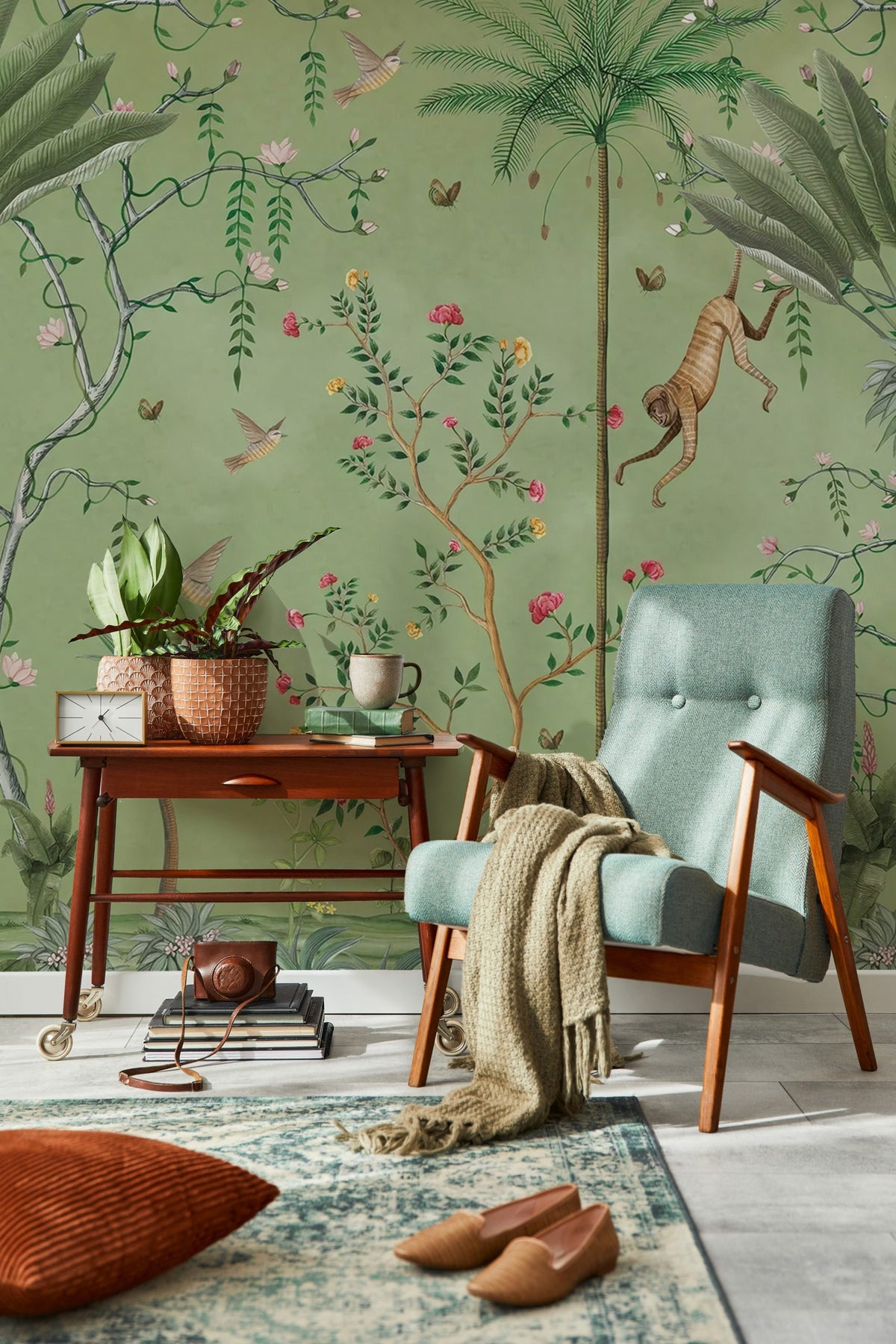 Green Exotic Garden Wallpaper : Chinoiserie Monkey and Bird Mural - View 4