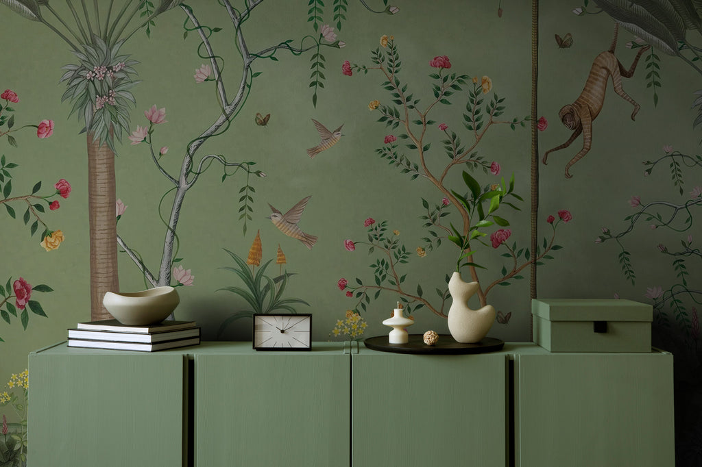 Green Exotic Garden Wallpaper : Chinoiserie Monkey and Bird Mural - View 3