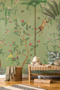 Green Exotic Garden Wallpaper : Chinoiserie Monkey and Bird Mural