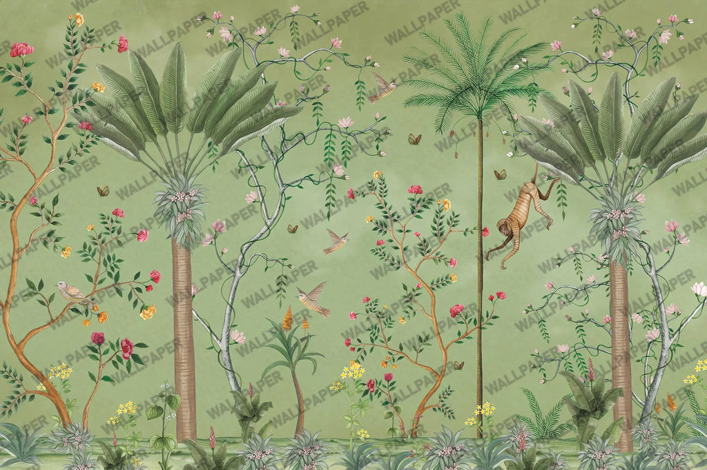 Green Exotic Garden Wallpaper : Chinoiserie Monkey and Bird Mural - View 2