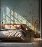 Blossom Trees and Birds Wallpaper : Soft Green Garden Scenery Mural